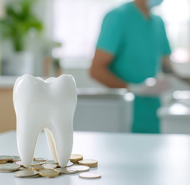 Large model tooth on pile of coins with dentist blurry in background
